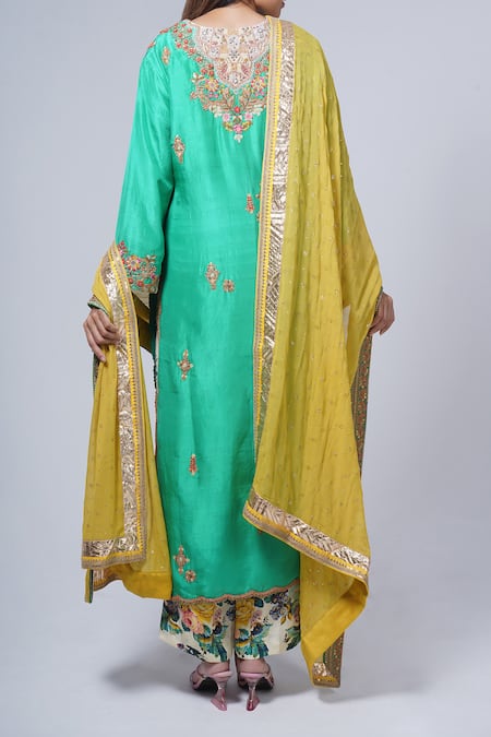 Shop Debyani + CO Green Cotton, Chiffon Sequins, Embroidery Collared Floral Kurta Pant Set at Aza Fashions Shop_Debyani + CO_Green Cotton, Chiffon Sequins, Embroidery Collared Floral Kurta Pant Set _at_Aza_Fashions