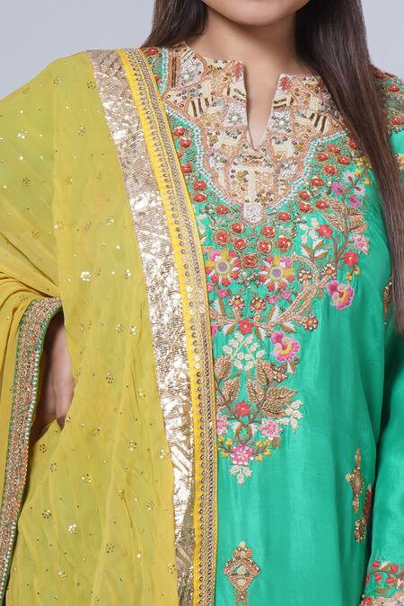 Buy Debyani + CO Green Cotton, Chiffon Sequins, Embroidery Collared Floral Kurta Pant Set Online at Aza Fashions Buy_Debyani + CO_Green Cotton, Chiffon Sequins, Embroidery Collared Floral Kurta Pant Set _Online_at_Aza_Fashions