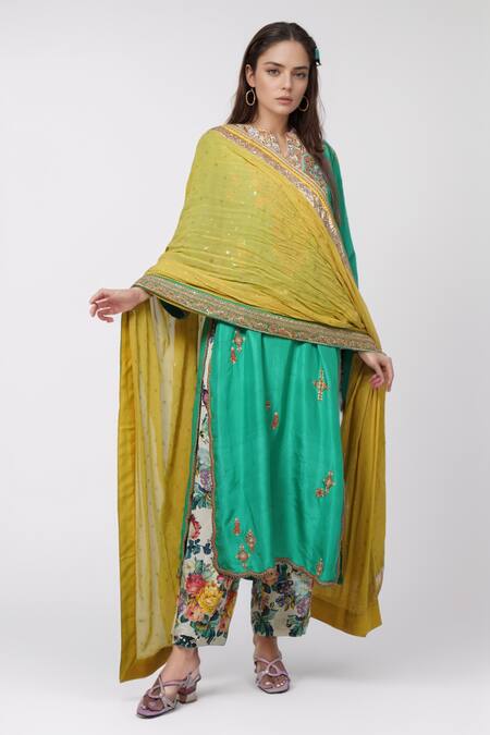 Shop Debyani + CO Green Cotton, Chiffon Sequins, Embroidery Collared Floral Kurta Pant Set Online at Aza Fashions Shop_Debyani + CO_Green Cotton, Chiffon Sequins, Embroidery Collared Floral Kurta Pant Set _Online_at_Aza_Fashions