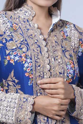 Anamika Khanna_Blue Embroidery Mandarin Collar Floral Long Coat And Draped Skirt Set _Online_at_Aza_Fashions