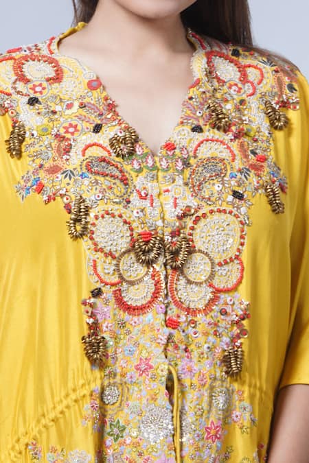 Anamika Khanna_Yellow Silk Embroidery V-neck Kesar Kaftan And Draped Skirt Set _Online_at_Aza_Fashions