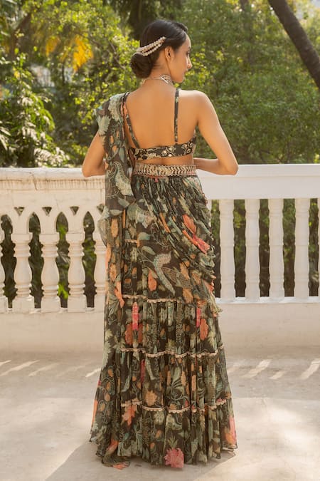 Paulmi And Harsh Bahar Print Tiered Pre Draped Saree Set 