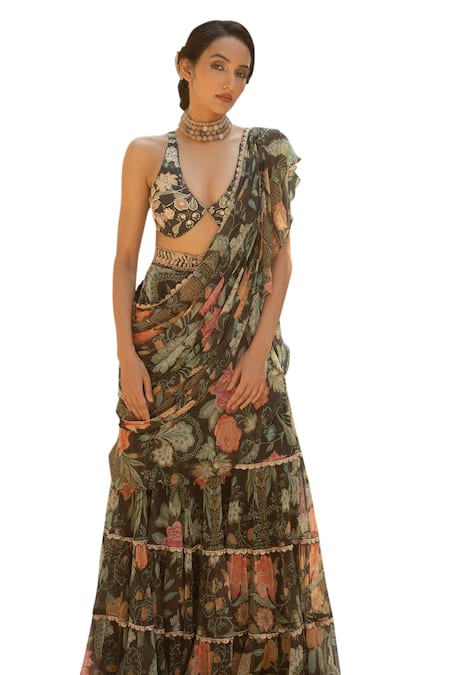 Buy_Paulmi And Harsh_Black Chiffon Embroidery V-neck Bahar Print Tiered Pre Draped Saree Set _Online_at_Aza_Fashions