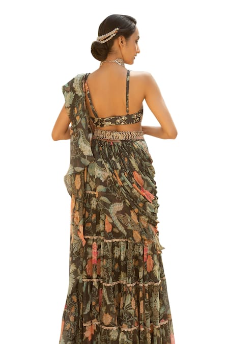 Paulmi And Harsh_Black Chiffon Embroidery V-neck Bahar Print Tiered Pre Draped Saree Set _at_Aza_Fashions