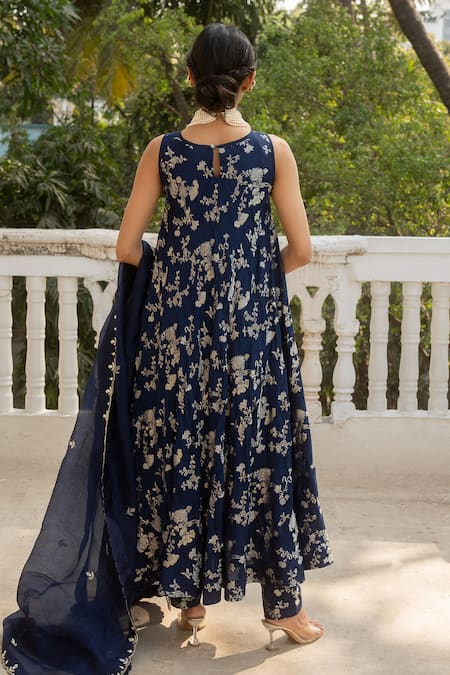 Paulmi And Harsh Blue Tissue, Jacquard, Silk Embroidery Round Neck Gul Print Anarkali Pant Set Online at Aza Fashions Paulmi And Harsh_Blue Tissue, Jacquard, Silk Embroidery Round Neck Gul Print Anarkali Pant Set _Online_at_Aza_Fashions