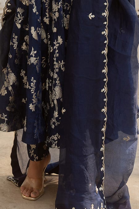 Buy Paulmi And Harsh Blue Tissue, Jacquard, Silk Embroidery Round Neck Gul Print Anarkali Pant Set Online at Aza Fashions Buy_Paulmi And Harsh_Blue Tissue, Jacquard, Silk Embroidery Round Neck Gul Print Anarkali Pant Set _Online_at_Aza_Fashions