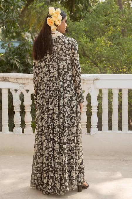 Shop_Paulmi And Harsh_Black Crepe, Georgette Sequins, Musk Bloom Print Embellished Ruffle Jacket Set _at_Aza_Fashions