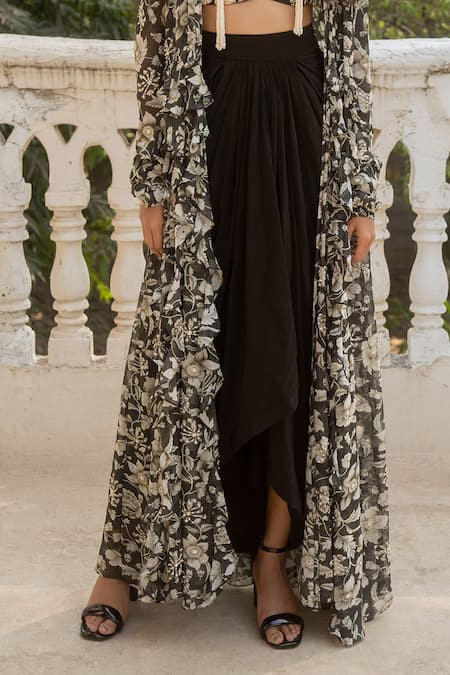 Paulmi And Harsh_Black Crepe, Georgette Sequins, Musk Bloom Print Embellished Ruffle Jacket Set _Online_at_Aza_Fashions