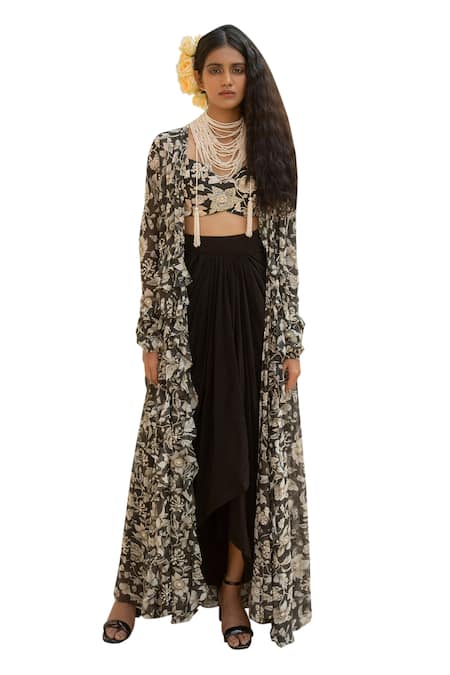 Buy_Paulmi And Harsh_Black Crepe, Georgette Sequins, Musk Bloom Print Embellished Ruffle Jacket Set _Online_at_Aza_Fashions