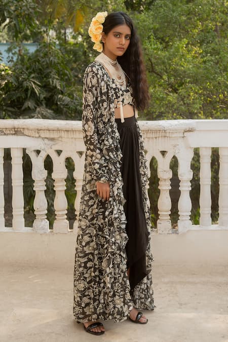 Shop_Paulmi And Harsh_Black Crepe, Georgette Sequins, Musk Bloom Print Embellished Ruffle Jacket Set _Online_at_Aza_Fashions