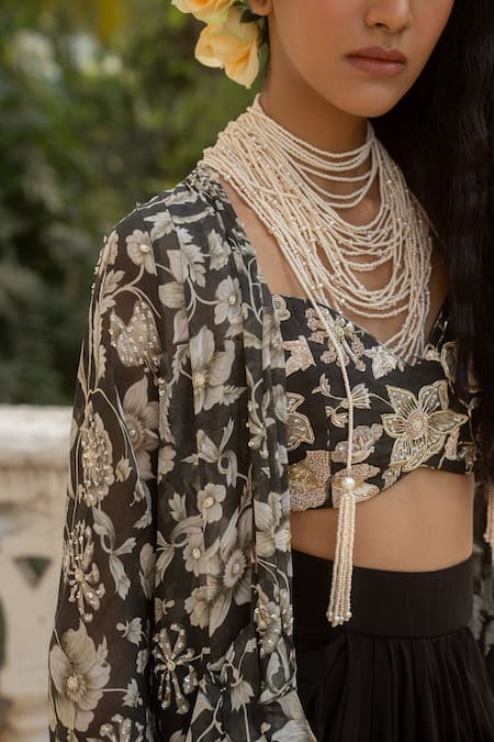 Buy_Paulmi And Harsh_Black Crepe, Georgette Sequins, Musk Bloom Print Embellished Ruffle Jacket Set 