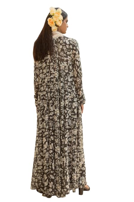 Shop_Paulmi And Harsh_Black Crepe, Georgette Sequins, Musk Bloom Print Embellished Ruffle Jacket Set 