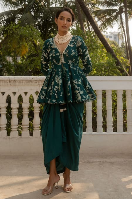 Paulmi and Harsh Gulbahar Woven Embellished Peplum Kurti With Draped Skirt 