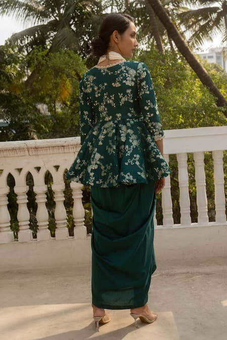 Paulmi And Harsh Gulbahar Woven Embellished Peplum Kurti With Draped Skirt 