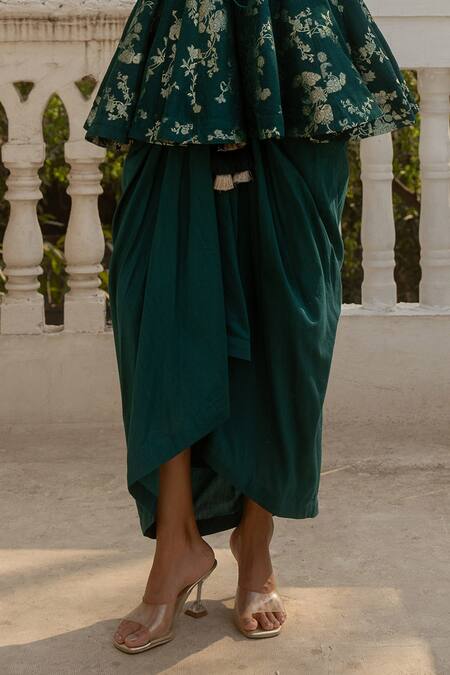 Paulmi And Harsh_Green Cotton, Silk Gulbahar Woven Embellished Peplum Kurti With Draped Skirt _Online_at_Aza_Fashions
