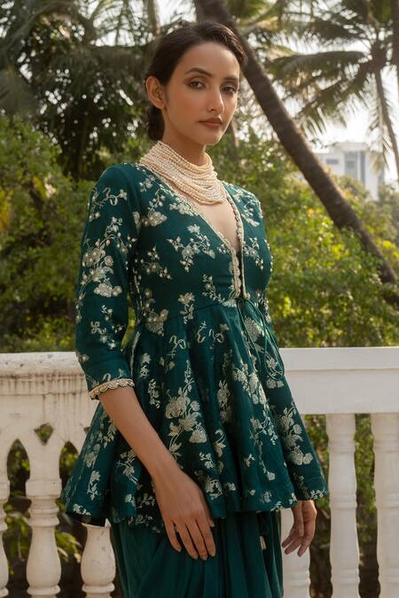Shop_Paulmi And Harsh_Green Cotton, Silk Gulbahar Woven Embellished Peplum Kurti With Draped Skirt _Online_at_Aza_Fashions