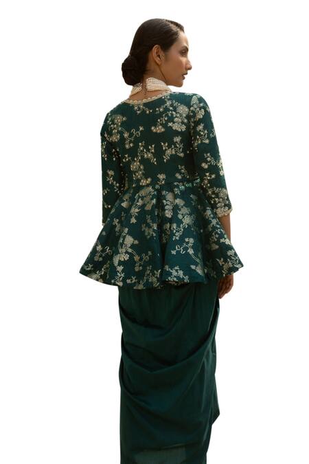 Paulmi And Harsh_Green Cotton, Silk Gulbahar Woven Embellished Peplum Kurti With Draped Skirt _at_Aza_Fashions