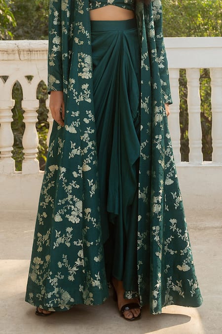 Paulmi And Harsh_Green Chiffon, Silk, Jacquard Florence Bloom Print Jacket Draped Skirt Set _Online_at_Aza_Fashions