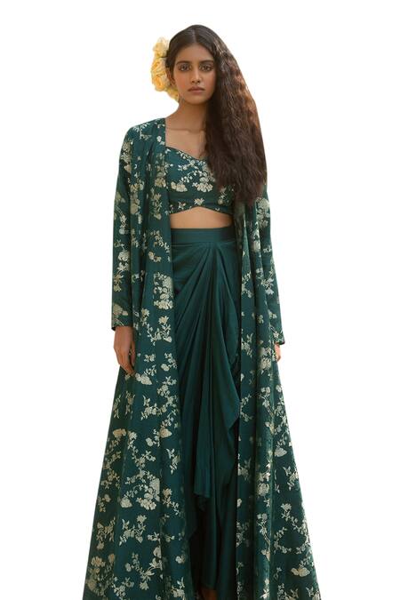 Buy_Paulmi And Harsh_Green Chiffon, Silk, Jacquard Florence Bloom Print Jacket Draped Skirt Set _Online_at_Aza_Fashions
