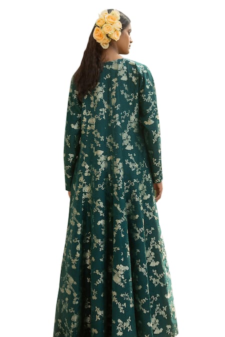 Paulmi And Harsh_Green Chiffon, Silk, Jacquard Florence Bloom Print Jacket Draped Skirt Set _at_Aza_Fashions