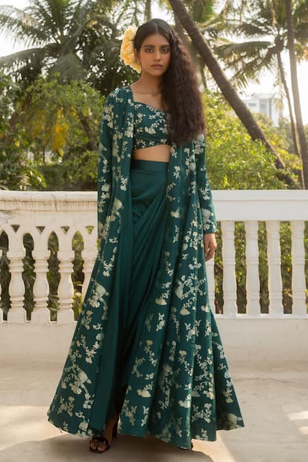 Buy_Paulmi And Harsh_Green Chiffon, Silk, Jacquard Florence Bloom Print Jacket Draped Skirt Set 