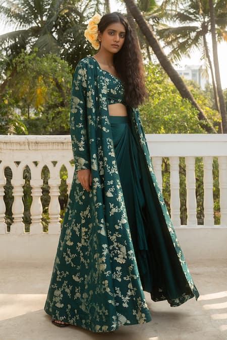 Shop_Paulmi And Harsh_Green Chiffon, Silk, Jacquard Florence Bloom Print Jacket Draped Skirt Set 