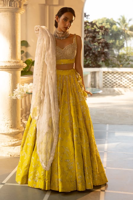 Paulmi and Harsh Yellow Silver Jacquard Woven Ambrosia Sweetheart Neck Lehenga Set 