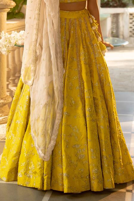 Buy_Paulmi And Harsh_Yellow Tissue, Jacquard, Silk, Satin Pearls, Ambrosia Woven Lehenga Set _Online_at_Aza_Fashions