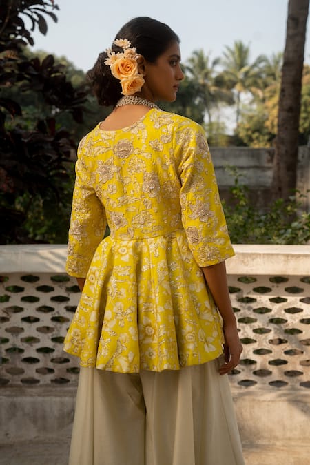 Shop Paulmi And Harsh Yellow Cotton, Silk Zari Vintage Bloom Print Peplum Kurti With Palazzo Pant at Aza Fashions Shop_Paulmi And Harsh_Yellow Cotton, Silk Zari Vintage Bloom Print Peplum Kurti With Palazzo Pant _at_Aza_Fashions