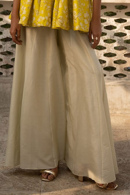 Paulmi And Harsh Yellow Cotton, Silk Zari Vintage Bloom Print Peplum Kurti With Palazzo Pant Online at Aza Fashions Paulmi And Harsh_Yellow Cotton, Silk Zari Vintage Bloom Print Peplum Kurti With Palazzo Pant _Online_at_Aza_Fashions