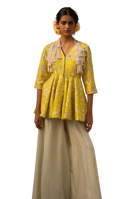 Buy Paulmi And Harsh Yellow Cotton, Silk Zari Vintage Bloom Print Peplum Kurti With Palazzo Pant Online at Aza Fashions Buy_Paulmi And Harsh_Yellow Cotton, Silk Zari Vintage Bloom Print Peplum Kurti With Palazzo Pant _Online_at_Aza_Fashions