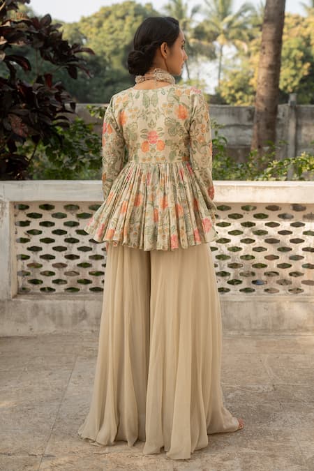 Paulmi And Harsh Mellow Bloom Print Peplum Kurti With Palazzo Pant 