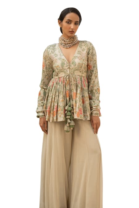 Shop Paulmi And Harsh Ivory Georgette, Chiffon Mellow Bloom Print Peplum Kurti With Palazzo Pant Online at Aza Fashions Shop_Paulmi And Harsh_Ivory Georgette, Chiffon Mellow Bloom Print Peplum Kurti With Palazzo Pant _Online_at_Aza_Fashions