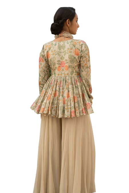Paulmi And Harsh Ivory Georgette, Chiffon Mellow Bloom Print Peplum Kurti With Palazzo Pant at Aza Fashions Paulmi And Harsh_Ivory Georgette, Chiffon Mellow Bloom Print Peplum Kurti With Palazzo Pant _at_Aza_Fashions