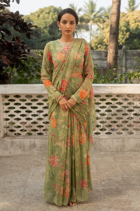 Paulmi and Harsh Green Georgette Print Flora Bloom High Embellished Pre Draped Saree With Blouse 