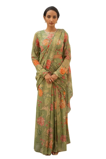 Paulmi And Harsh_Green Georgette Zari Flora Bloom Print Embellished Pre Draped Saree With Blouse _Online_at_Aza_Fashions