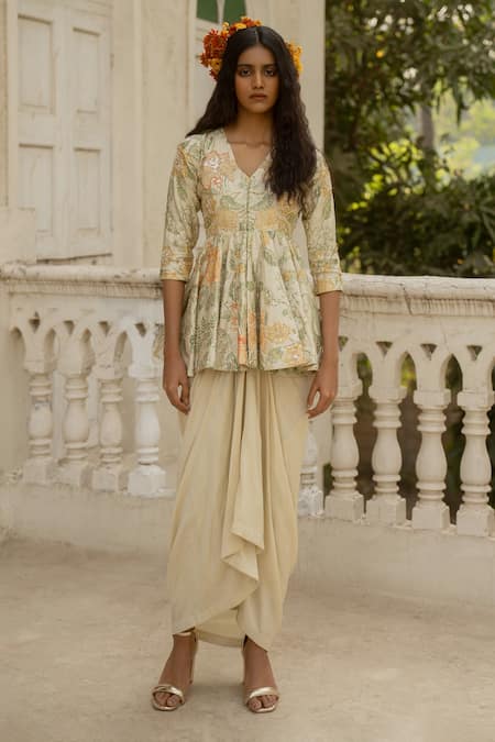 Paulmi and Harsh Marigold Bloom Print Peplum Kurti With Draped Skirt 