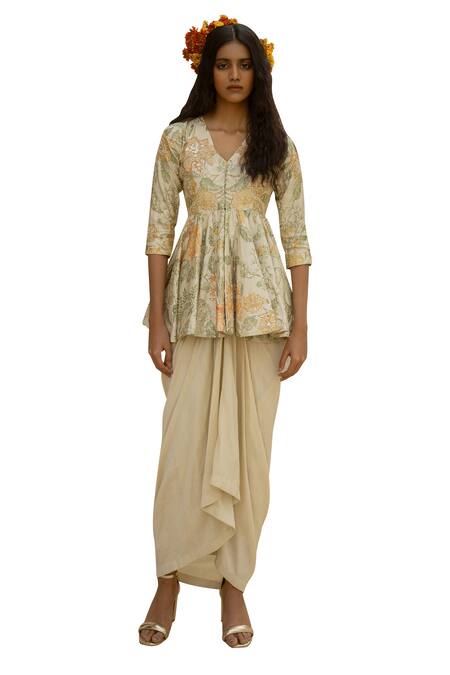 Buy_Paulmi And Harsh_Ivory Silk Zari, Embroidery Marigold Bloom Print Peplum Kurti With Draped Skirt _Online_at_Aza_Fashions