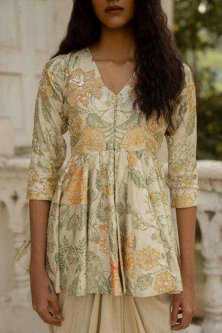 Shop_Paulmi And Harsh_Ivory Silk Zari, Embroidery Marigold Bloom Print Peplum Kurti With Draped Skirt _Online_at_Aza_Fashions