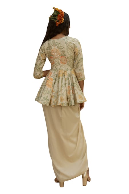 Paulmi And Harsh_Ivory Silk Zari, Embroidery Marigold Bloom Print Peplum Kurti With Draped Skirt _at_Aza_Fashions
