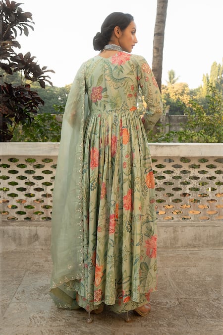 Shop Paulmi And Harsh Blue Tissue, Chiffon, Chanderi Silk Gardenia Print Embellished Anarkali Set at Aza Fashions Shop_Paulmi And Harsh_Blue Tissue, Chiffon, Chanderi Silk Gardenia Print Embellished Anarkali Set _at_Aza_Fashions