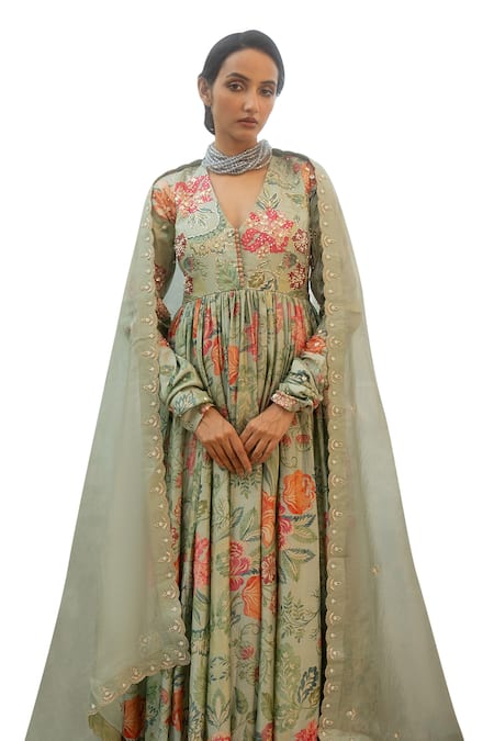 Paulmi And Harsh Blue Tissue, Chiffon, Chanderi Silk Gardenia Print Embellished Anarkali Set Online at Aza Fashions Paulmi And Harsh_Blue Tissue, Chiffon, Chanderi Silk Gardenia Print Embellished Anarkali Set _Online_at_Aza_Fashions