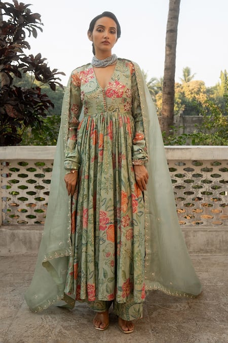 Shop Paulmi And Harsh Blue Tissue, Chiffon, Chanderi Silk Gardenia Print Embellished Anarkali Set Online at Aza Fashions Shop_Paulmi And Harsh_Blue Tissue, Chiffon, Chanderi Silk Gardenia Print Embellished Anarkali Set _Online_at_Aza_Fashions