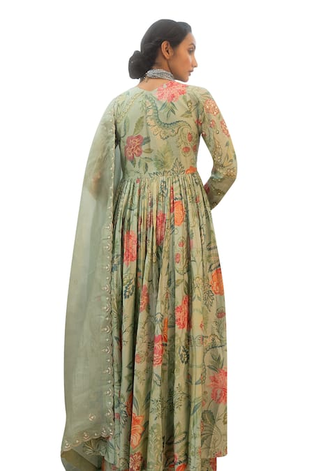 Paulmi And Harsh Blue Tissue, Chiffon, Chanderi Silk Gardenia Print Embellished Anarkali Set at Aza Fashions Paulmi And Harsh_Blue Tissue, Chiffon, Chanderi Silk Gardenia Print Embellished Anarkali Set _at_Aza_Fashions