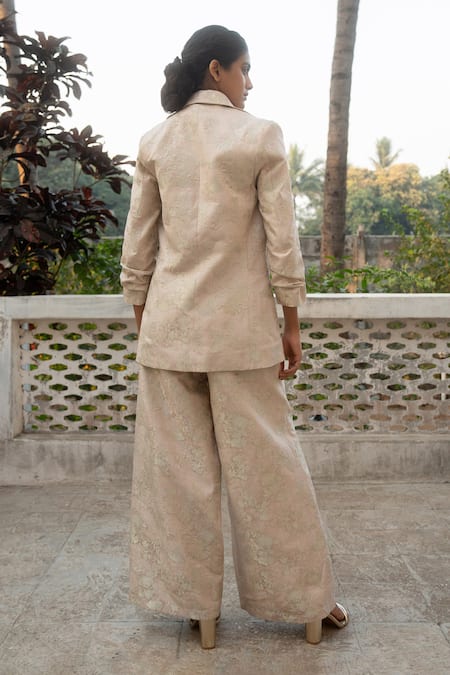 Shop Paulmi And Harsh Ivory Jacquard Embroidery Collared French Bloom Woven Blazer Pant Set at Aza Fashions Shop_Paulmi And Harsh_Ivory Jacquard Embroidery Collared French Bloom Woven Blazer Pant Set _at_Aza_Fashions