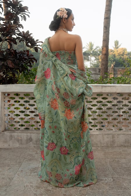 Paulmi And Harsh Blossom Print Jacket Draped Skirt Set 