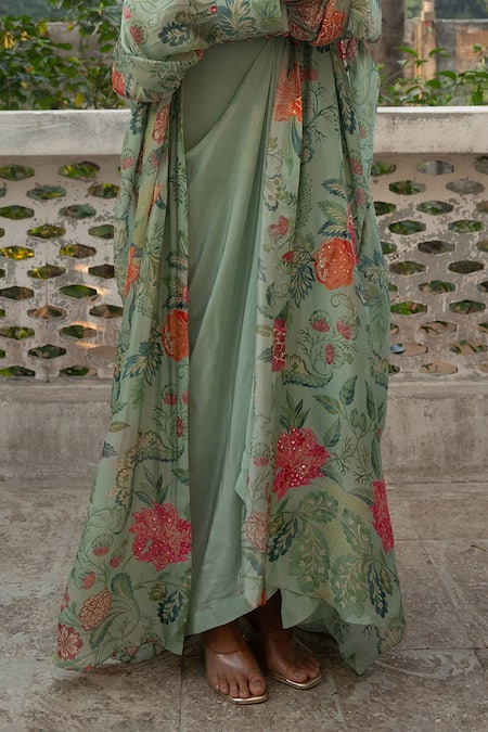 Paulmi And Harsh_Blue Organza, Crepe Embroidery Open Neck, Blossom Print Jacket Draped Skirt Set _Online_at_Aza_Fashions