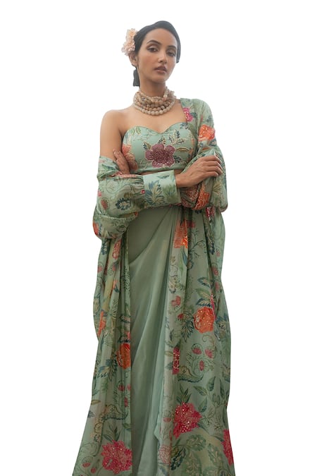Buy_Paulmi And Harsh_Blue Organza, Crepe Embroidery Open Neck, Blossom Print Jacket Draped Skirt Set _Online_at_Aza_Fashions