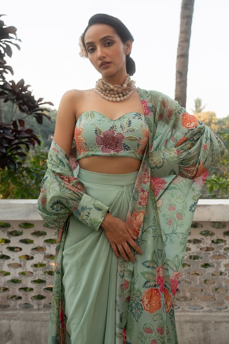 Shop_Paulmi And Harsh_Blue Organza, Crepe Embroidery Open Neck, Blossom Print Jacket Draped Skirt Set _Online_at_Aza_Fashions