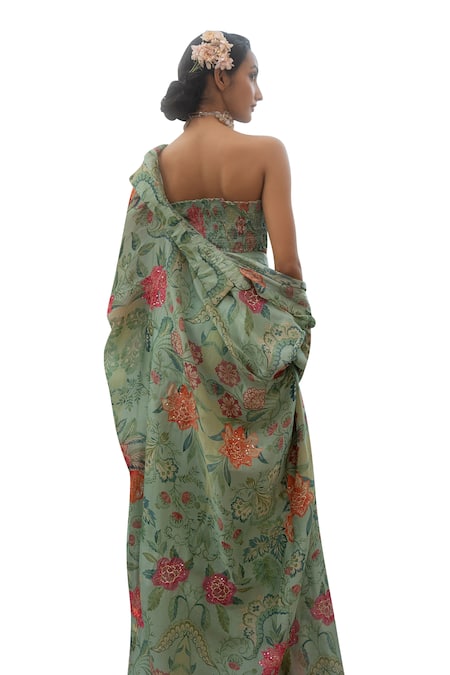 Buy_Paulmi And Harsh_Blue Organza, Crepe Embroidery Open Neck, Blossom Print Jacket Draped Skirt Set 